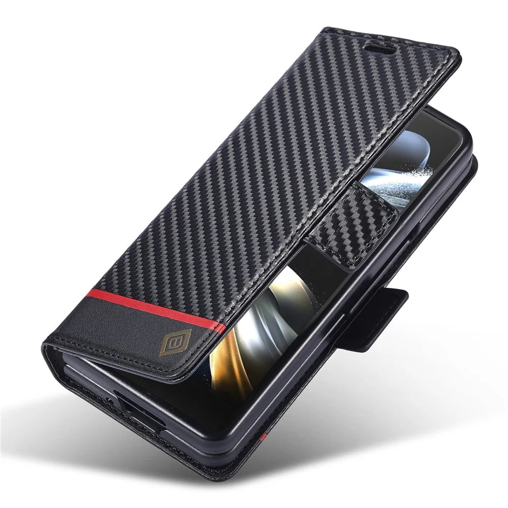 LC.IMEEKE For Samsung Galaxy Z Fold4 5G Leather Wallet Case Stand Carbon Fiber Texture Phone Cover - Horizontal Stripe - 4