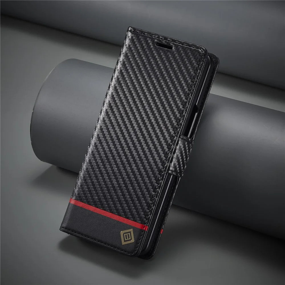 LC.IMEEKE For Samsung Galaxy Z Fold4 5G Leather Wallet Case Stand Carbon Fiber Texture Phone Cover - Horizontal Stripe - 5