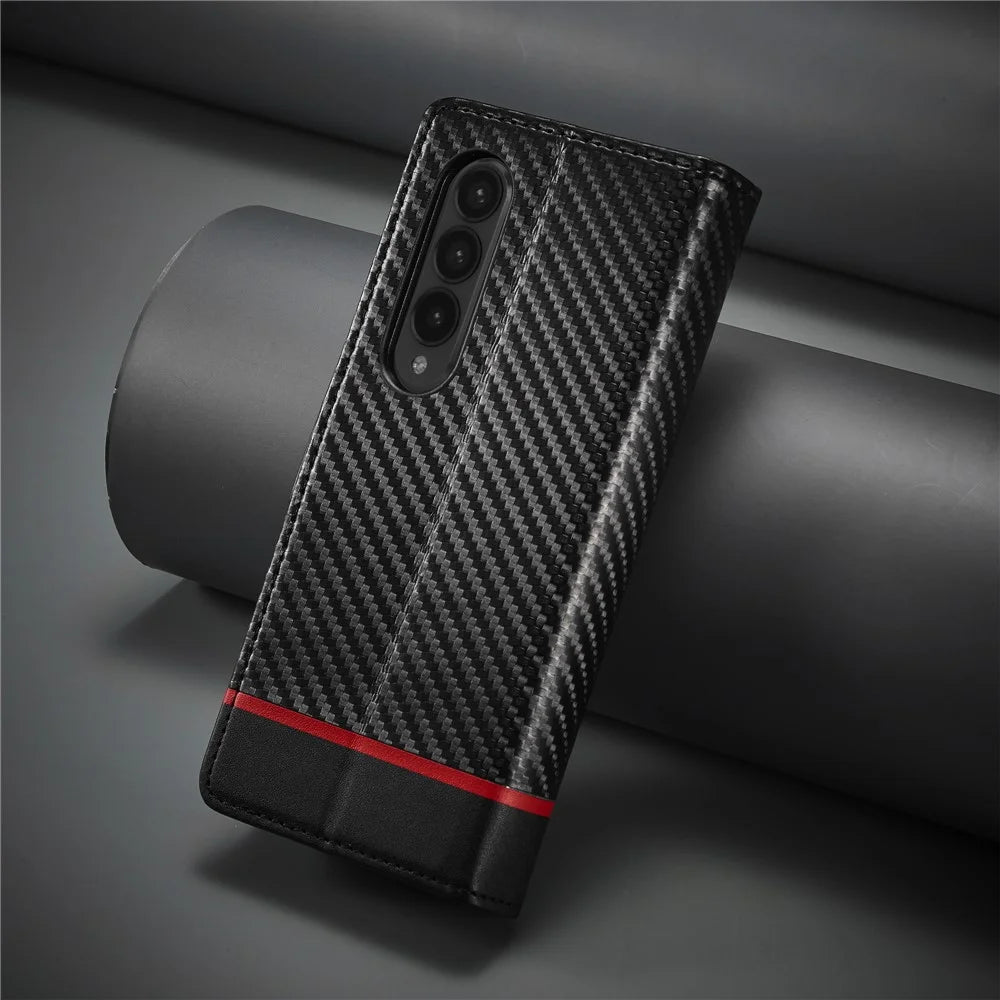 LC.IMEEKE For Samsung Galaxy Z Fold4 5G Leather Wallet Case Stand Carbon Fiber Texture Phone Cover - Horizontal Stripe - 6