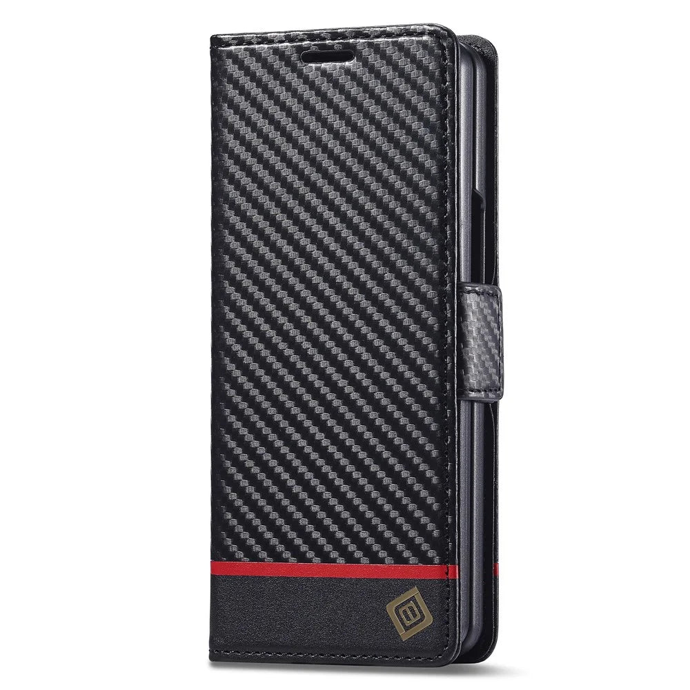 LC.IMEEKE For Samsung Galaxy Z Fold4 5G Leather Wallet Case Stand Carbon Fiber Texture Phone Cover - Horizontal Stripe - 7