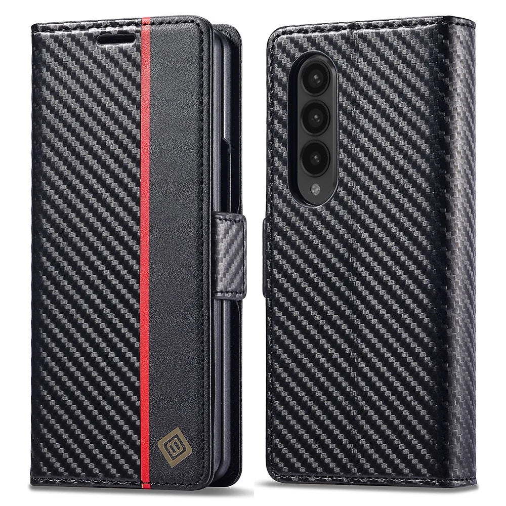LC.IMEEKE For Samsung Galaxy Z Fold3 5G Carbon Fiber Texture Phone Leather Case Wallet Stand Cover - Vertical Stripe - 1