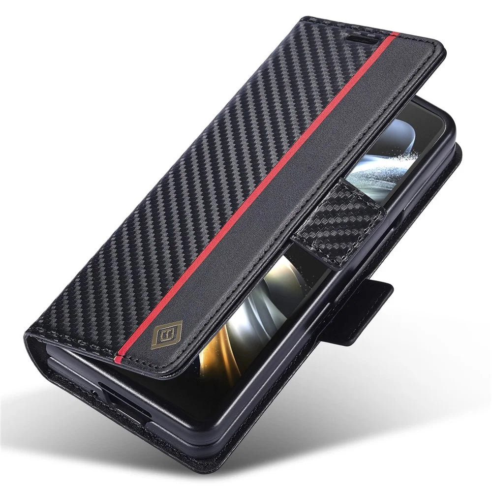 LC.IMEEKE For Samsung Galaxy Z Fold3 5G Carbon Fiber Texture Phone Leather Case Wallet Stand Cover - Vertical Stripe - 4