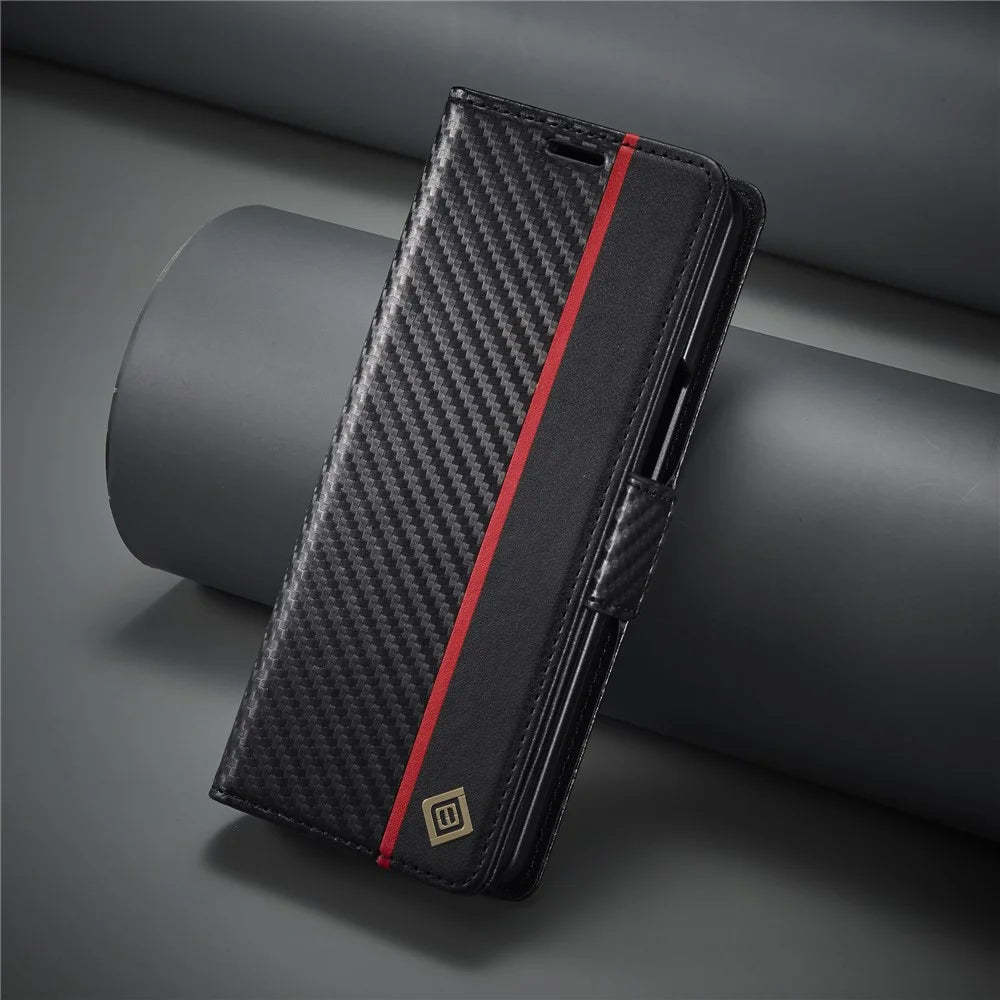 LC.IMEEKE For Samsung Galaxy Z Fold3 5G Carbon Fiber Texture Phone Leather Case Wallet Stand Cover - Vertical Stripe - 5