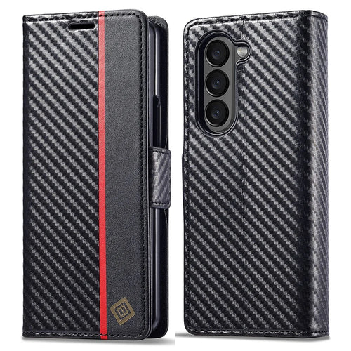 LC.IMEEKE For Samsung Galaxy Z Fold5 5G Phone Leather Cover Carbon Fiber Texture Stand Wallet Case - Vertical Stripe - 1