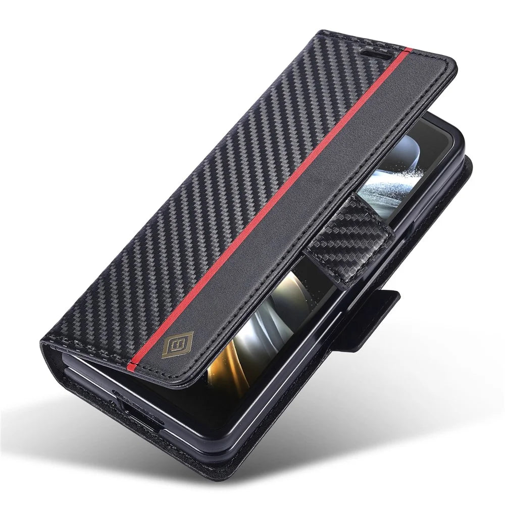 LC.IMEEKE For Samsung Galaxy Z Fold5 5G Phone Leather Cover Carbon Fiber Texture Stand Wallet Case - Vertical Stripe - 4