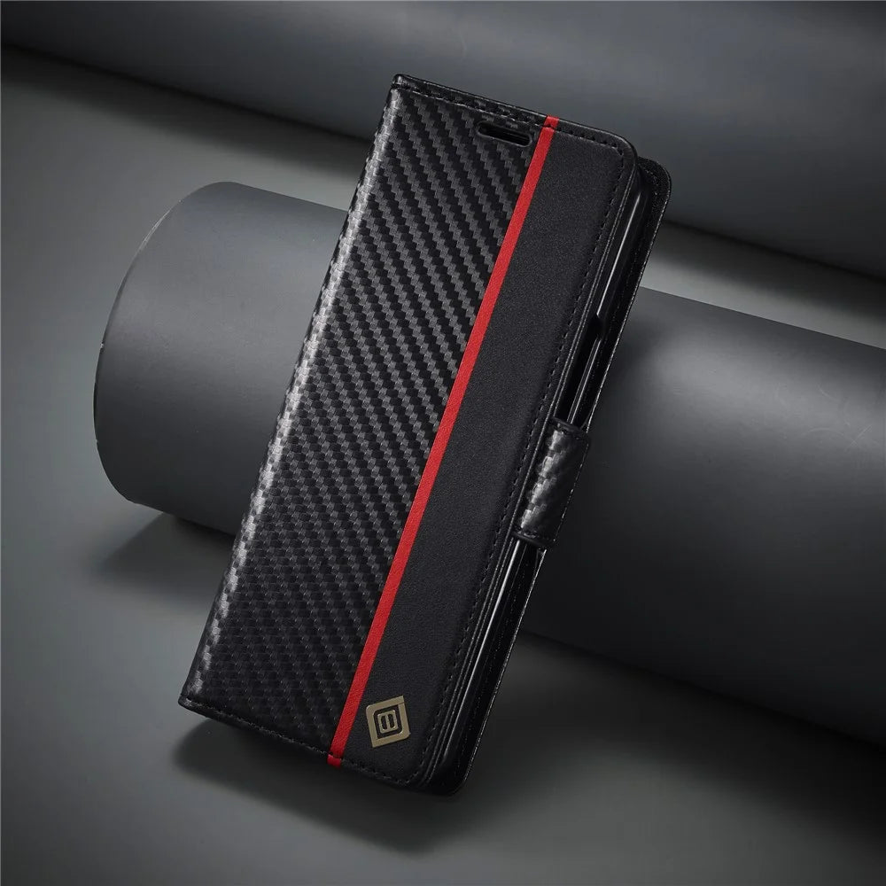 LC.IMEEKE For Samsung Galaxy Z Fold5 5G Phone Leather Cover Carbon Fiber Texture Stand Wallet Case - Vertical Stripe - 5