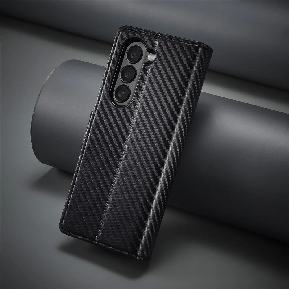 LC.IMEEKE For Samsung Galaxy Z Fold5 5G Phone Leather Cover Carbon Fiber Texture Stand Wallet Case - Vertical Stripe - 6