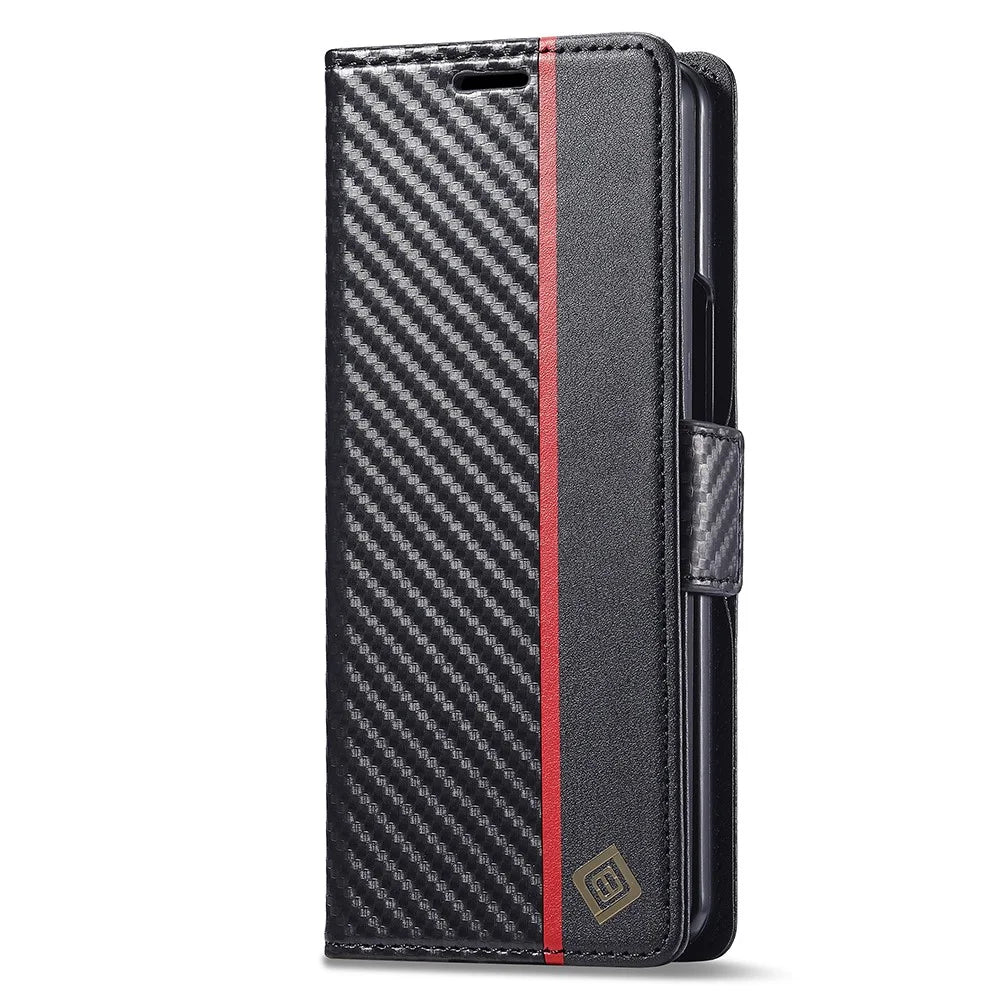 LC.IMEEKE For Samsung Galaxy Z Fold5 5G Phone Leather Cover Carbon Fiber Texture Stand Wallet Case - Vertical Stripe - 7