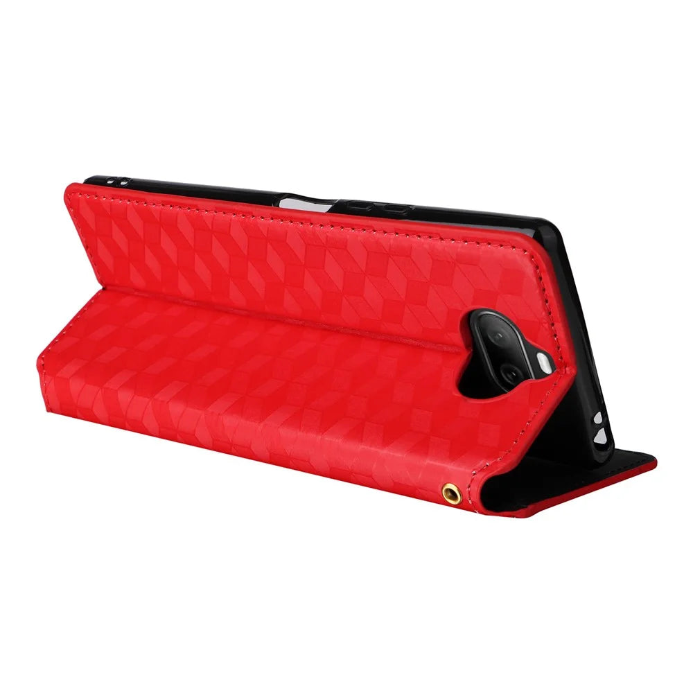 Rhombus Imprinted Cover for Sony Xperia 8 Flip Stand PU Leather Wallet Phone Case - Red - 4