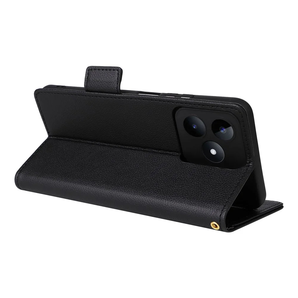 For Realme C53 (Global) / C53 (India) / C51 / Note 50 4G / Narzo N53 4G PU Leather Wallet Stand Case Litchi Texture Phone Cover - Black - 4
