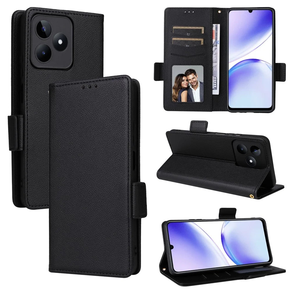 For Realme C53 (Global) / C53 (India) / C51 / Note 50 4G / Narzo N53 4G PU Leather Wallet Stand Case Litchi Texture Phone Cover - Black - 5