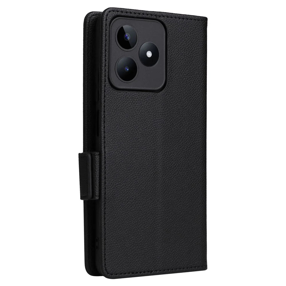 For Realme C53 (Global) / C53 (India) / C51 / Note 50 4G / Narzo N53 4G PU Leather Wallet Stand Case Litchi Texture Phone Cover - Black - 7
