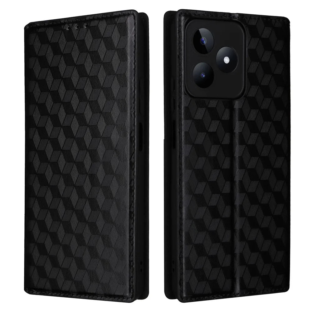 For Realme C53 (Global) / C53 (India) / C51 / Note 50 4G / Narzo N53 4G Rhombus Imprinted Shell PU Leather Wallet Stand Phone Case - Black - 1