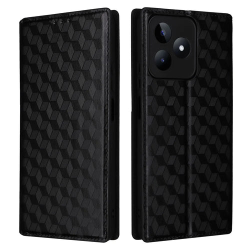 For Realme C53 (Global) / C53 (India) / C51 / Note 50 4G / Narzo N53 4G Rhombus Imprinted Shell PU Leather Wallet Stand Phone Case - Black - 1