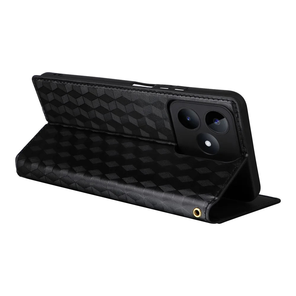For Realme C53 (Global) / C53 (India) / C51 / Note 50 4G / Narzo N53 4G Rhombus Imprinted Shell PU Leather Wallet Stand Phone Case - Black - 4