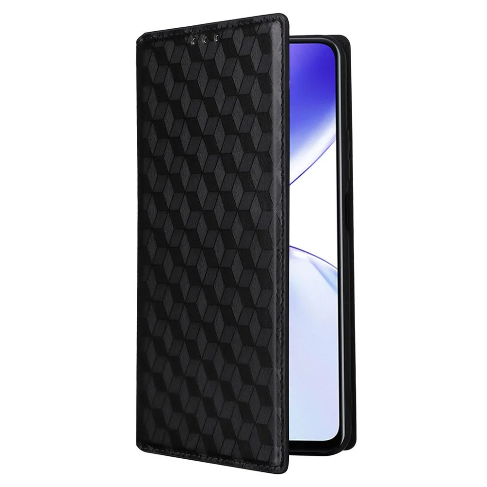 For Realme C53 (Global) / C53 (India) / C51 / Note 50 4G / Narzo N53 4G Rhombus Imprinted Shell PU Leather Wallet Stand Phone Case - Black - 5