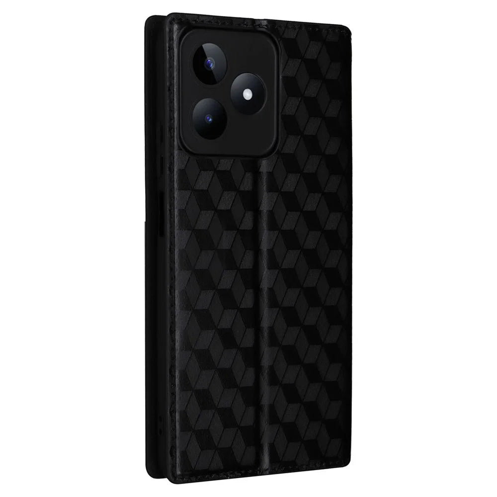 For Realme C53 (Global) / C53 (India) / C51 / Note 50 4G / Narzo N53 4G Rhombus Imprinted Shell PU Leather Wallet Stand Phone Case - Black - 7