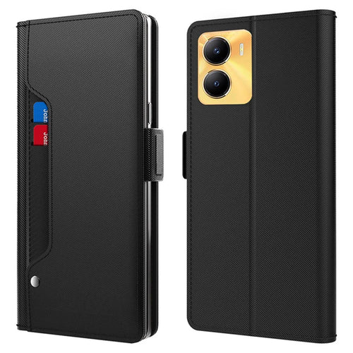 For vivo Y56 5G Slim-Fit Cell Phone Case Mirror Card Holder Leather Mobile Phone Stand Cover - Black - 1