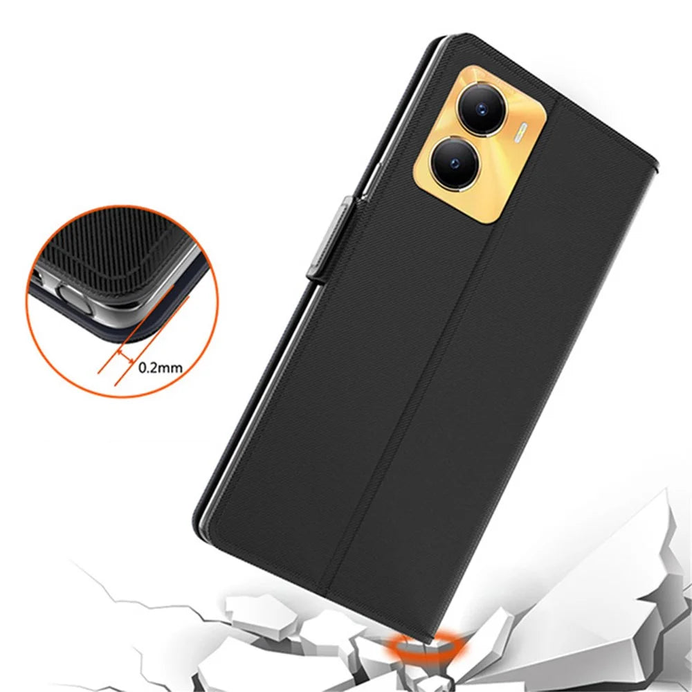 For vivo Y56 5G Slim-Fit Cell Phone Case Mirror Card Holder Leather Mobile Phone Stand Cover - Black - 4