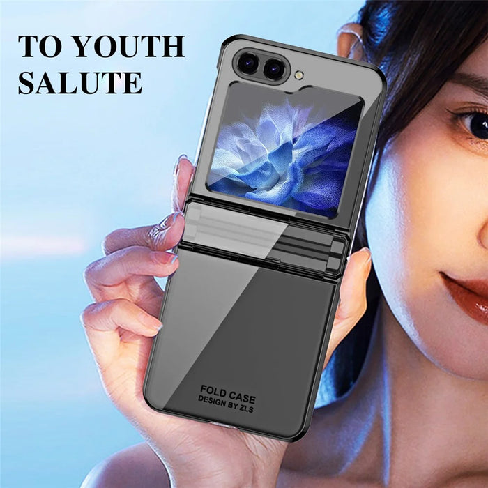 For Samsung Galaxy Z Flip5 5G Shockproof Hard PC Cover Electroplating Phone Protective Case Built-In Glass Film - Black - 5