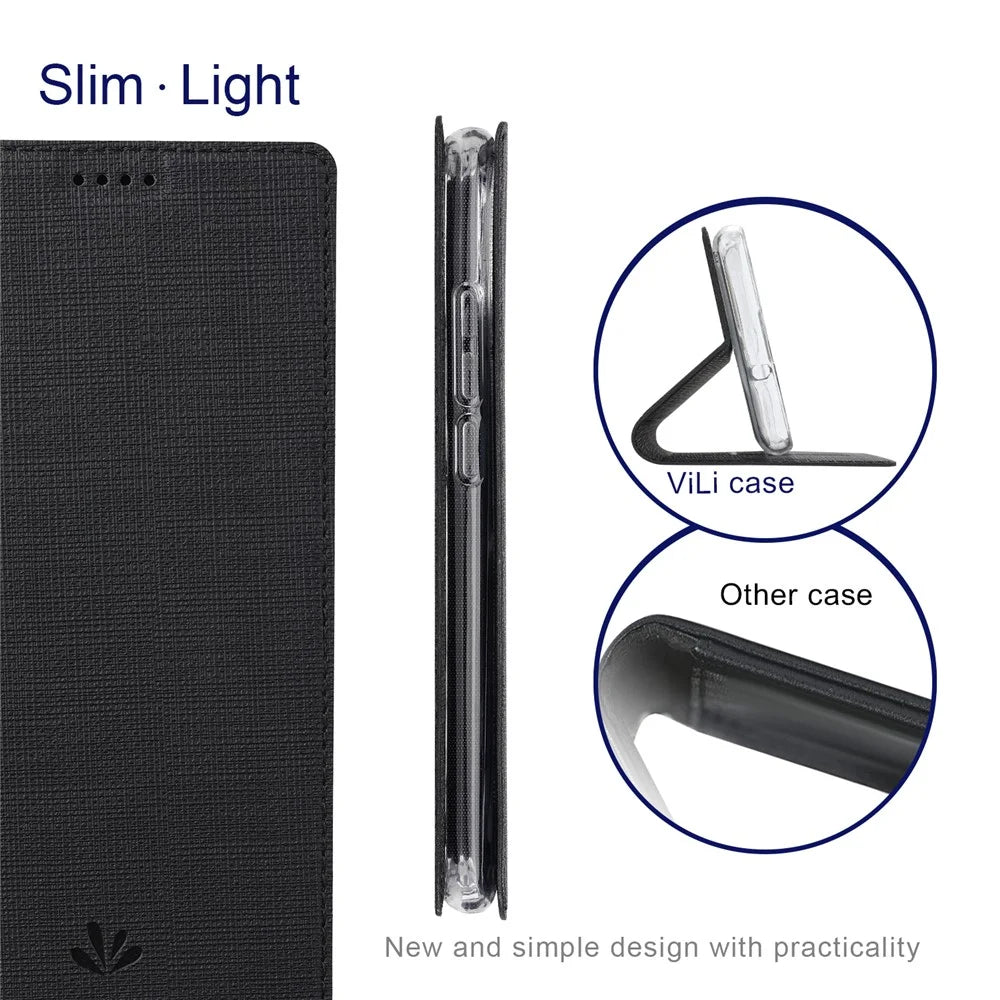 VILI DMX Series PU Leather Flip Cover for Sharp Aquos R8 Pro Protective Phone Case Card Slots Stand Phone Cover - Black - 5