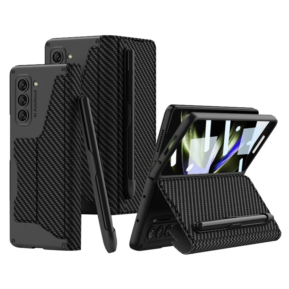 GKK For Samsung Galaxy Z Fold5 5G PU Leather Stand Cover Pen Slot Design Card Slot Phone Case with Tempered Glass Film - Carbon Fiber Black - 1
