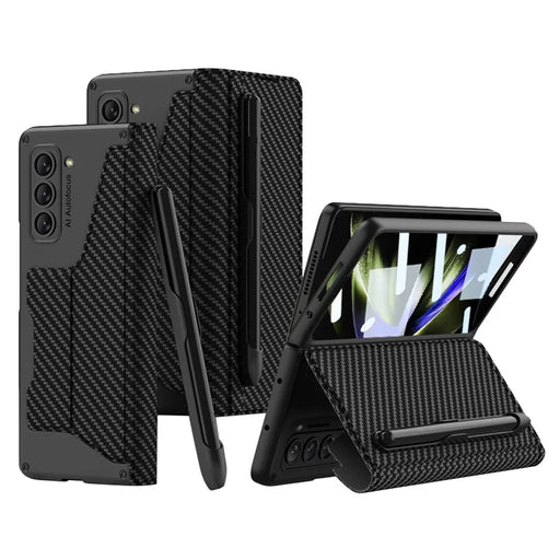GKK For Samsung Galaxy Z Fold5 5G PU Leather Stand Cover Pen Slot Design Card Slot Phone Case with Tempered Glass Film - Carbon Fiber Black - 1