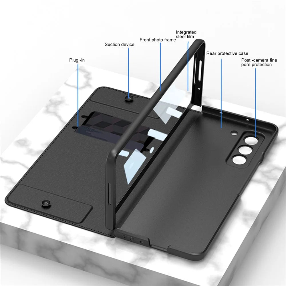 GKK For Samsung Galaxy Z Fold5 5G PU Leather Stand Cover Pen Slot Design Card Slot Phone Case with Tempered Glass Film - Carbon Fiber Black - 3