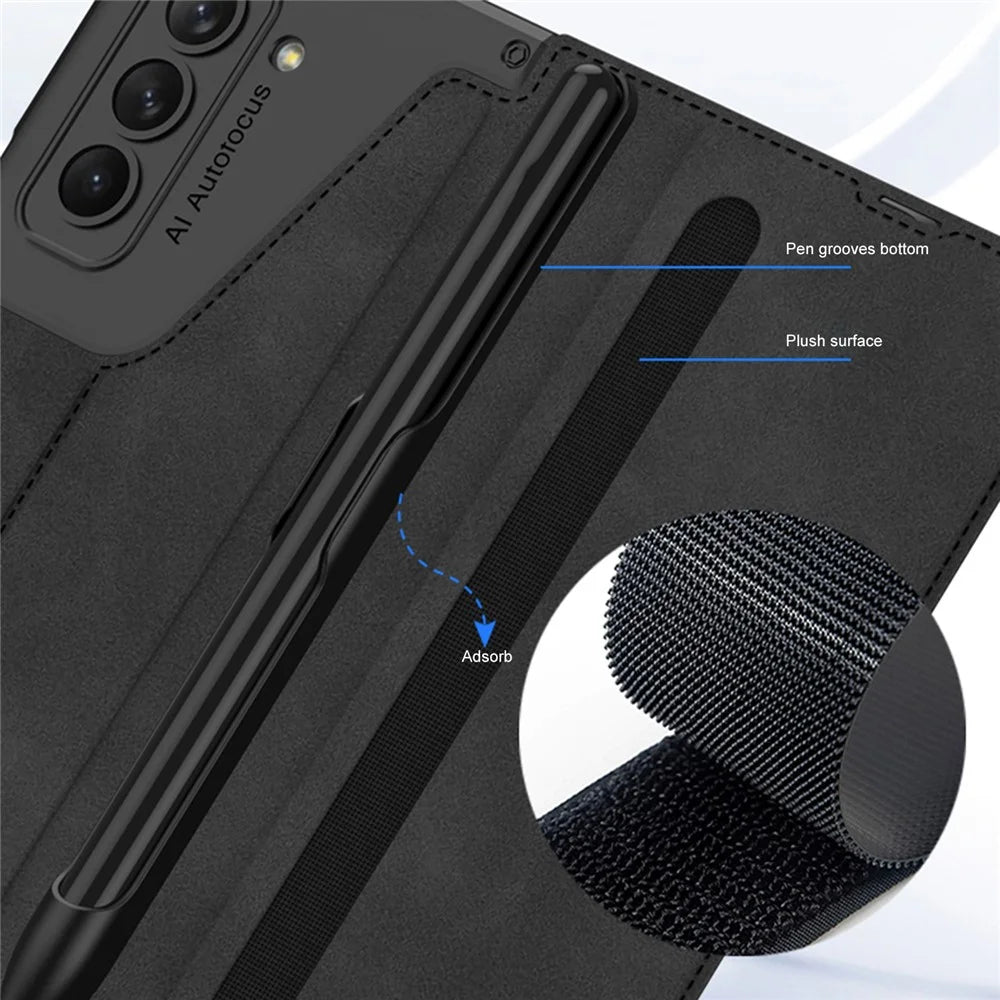 GKK For Samsung Galaxy Z Fold5 5G PU Leather Stand Cover Pen Slot Design Card Slot Phone Case with Tempered Glass Film - Carbon Fiber Black - 4