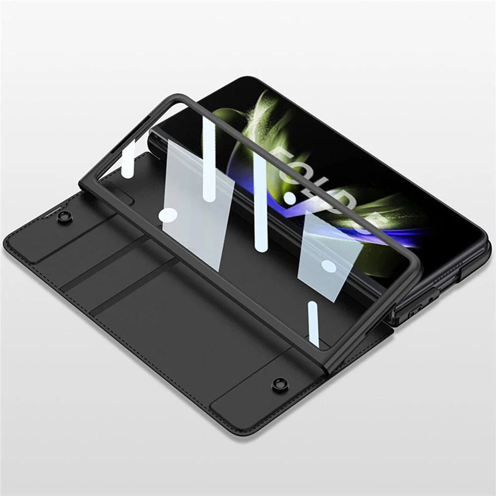 GKK For Samsung Galaxy Z Fold5 5G PU Leather Stand Cover Pen Slot Design Card Slot Phone Case with Tempered Glass Film - Carbon Fiber Black - 5