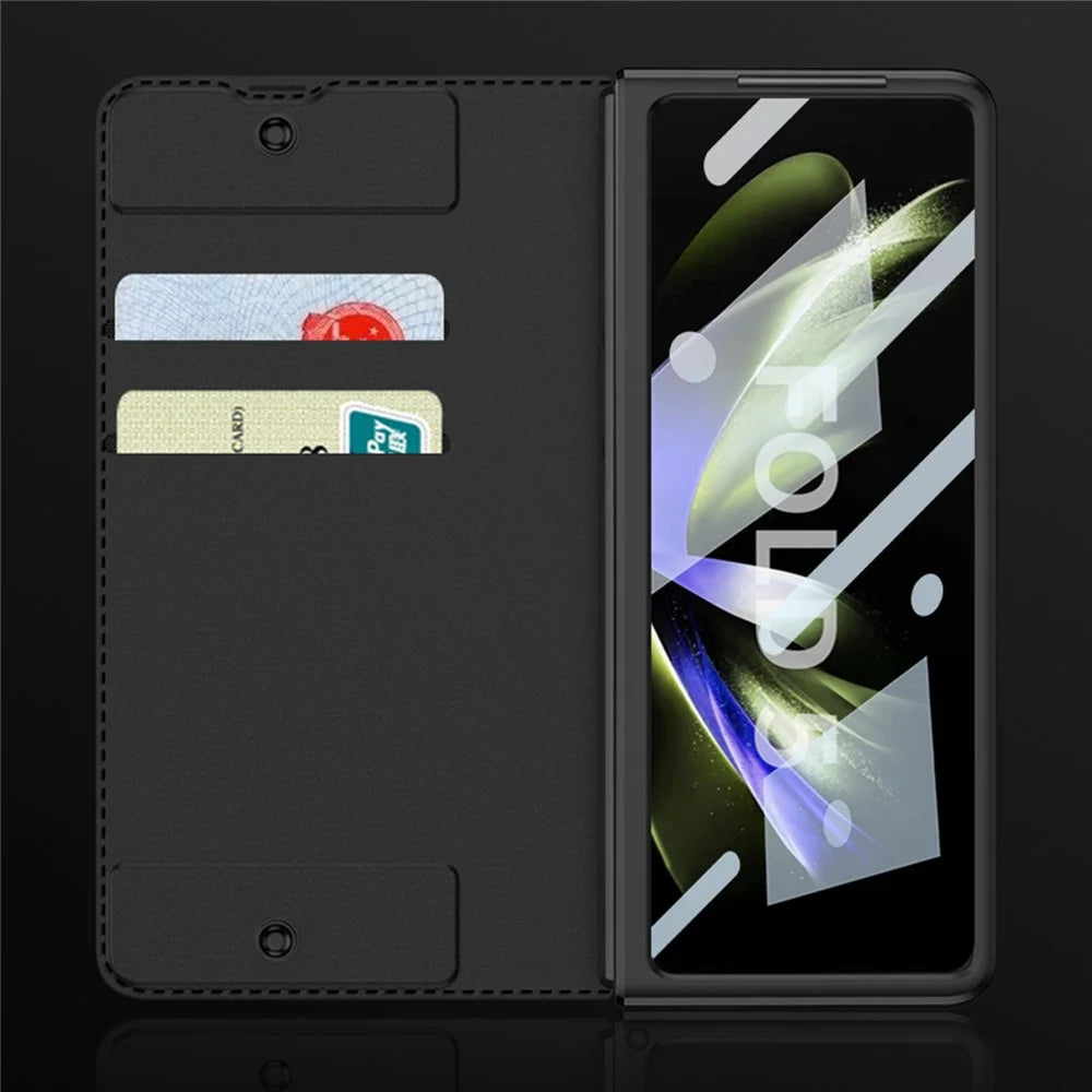 GKK For Samsung Galaxy Z Fold5 5G PU Leather Stand Cover Pen Slot Design Card Slot Phone Case with Tempered Glass Film - Carbon Fiber Black - 6
