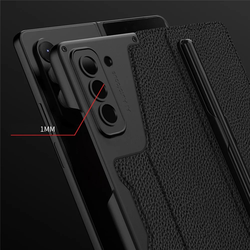 GKK For Samsung Galaxy Z Fold5 5G PU Leather Stand Cover Pen Slot Design Card Slot Phone Case with Tempered Glass Film - Carbon Fiber Black - 7