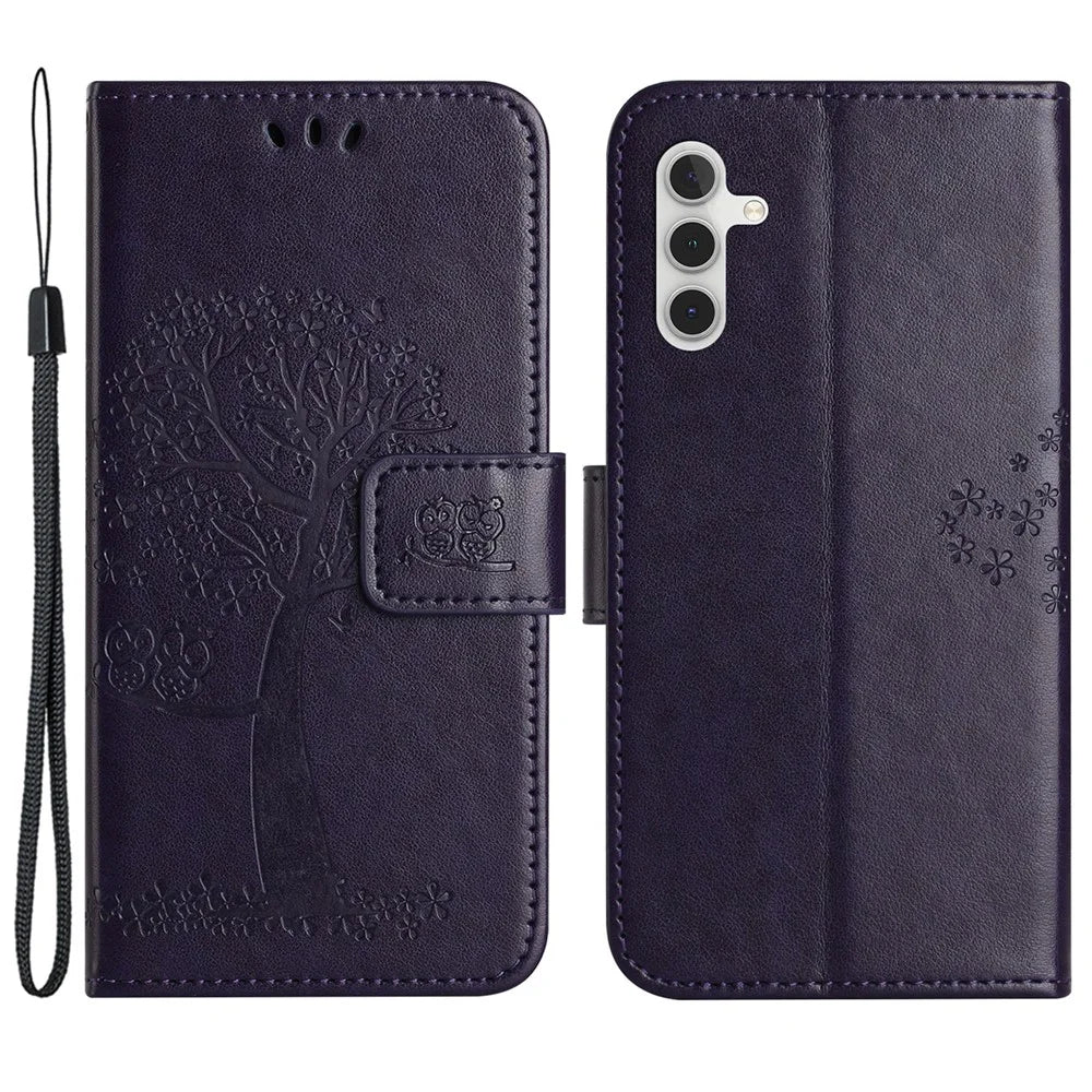 Wallet Case for Samsung Galaxy S23 FE Owl Tree Imprinted PU Leather Stand Phone Cover - Dark Purple - 1