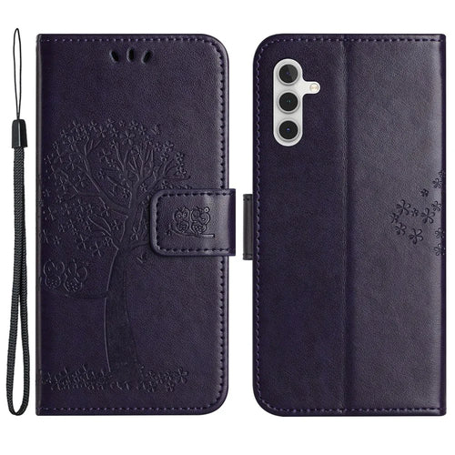 Wallet Case for Samsung Galaxy S23 FE Owl Tree Imprinted PU Leather Stand Phone Cover - Dark Purple - 1