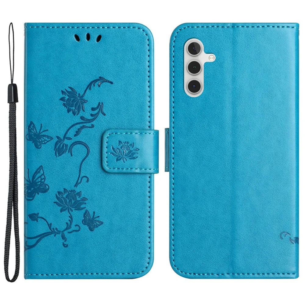 For Samsung Galaxy S23 FE PU Leather Wallet Phone Case Butterfly Flower Imprinted Stand Cover - Blue - 1