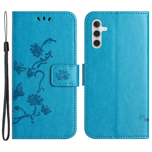 For Samsung Galaxy S23 FE PU Leather Wallet Phone Case Butterfly Flower Imprinted Stand Cover - Blue - 1
