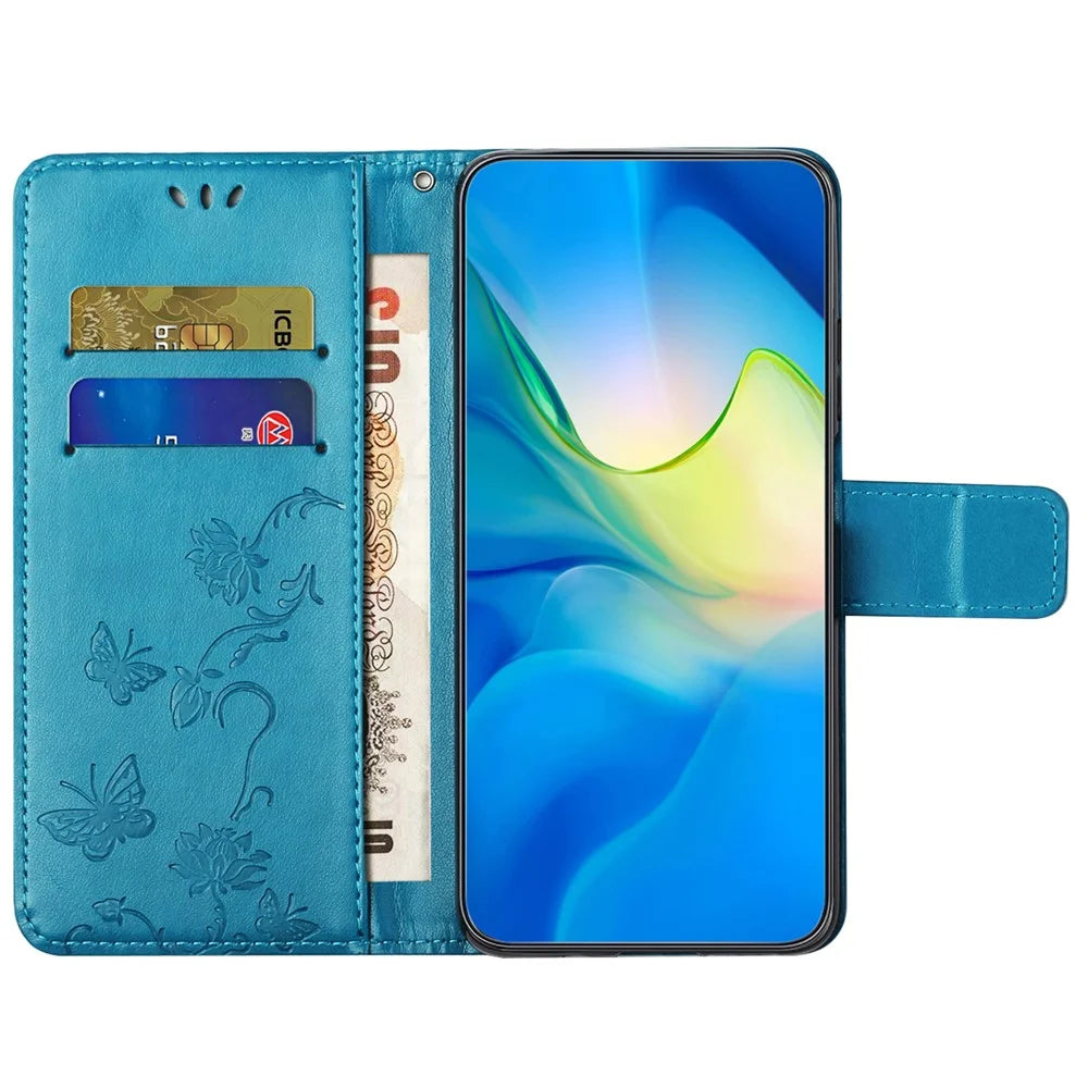 For Samsung Galaxy S23 FE PU Leather Wallet Phone Case Butterfly Flower Imprinted Stand Cover - Blue - 3