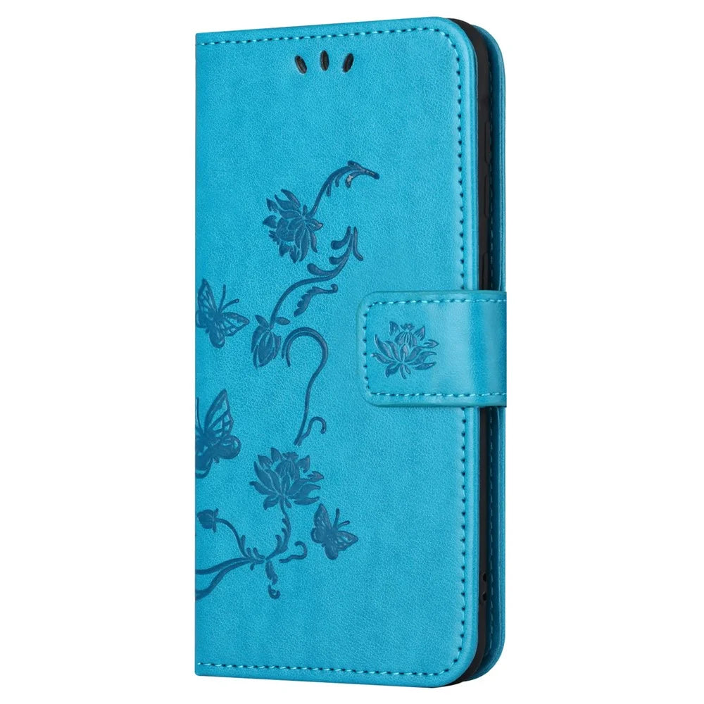 For Samsung Galaxy S23 FE PU Leather Wallet Phone Case Butterfly Flower Imprinted Stand Cover - Blue - 4