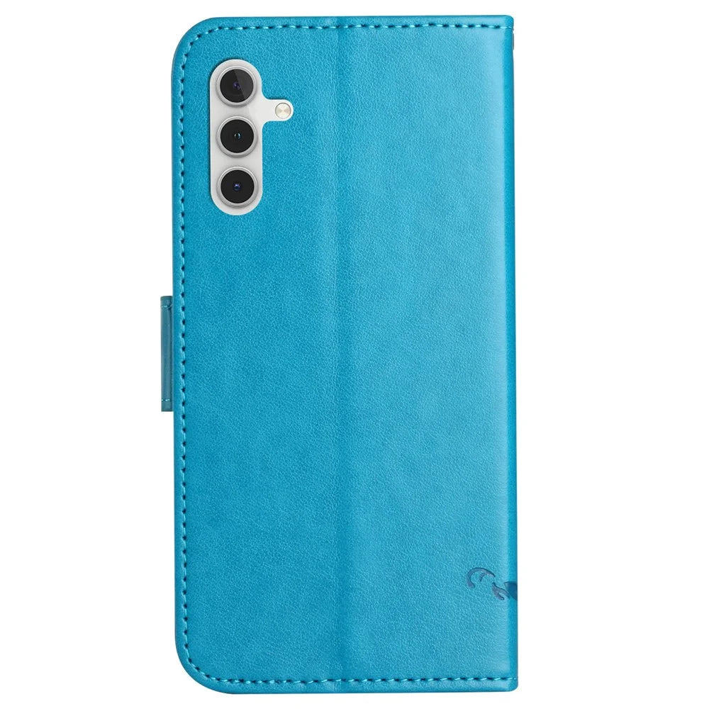 For Samsung Galaxy S23 FE PU Leather Wallet Phone Case Butterfly Flower Imprinted Stand Cover - Blue - 5