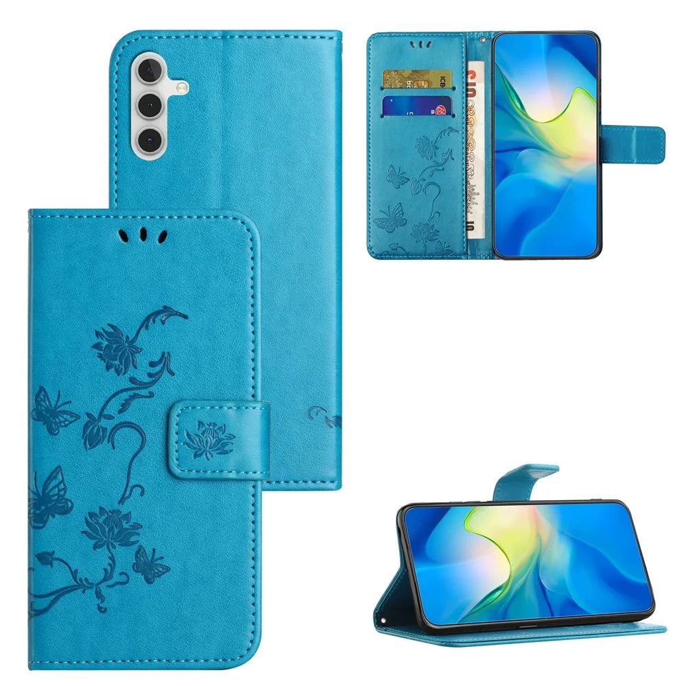 For Samsung Galaxy S23 FE PU Leather Wallet Phone Case Butterfly Flower Imprinted Stand Cover - Blue - 6