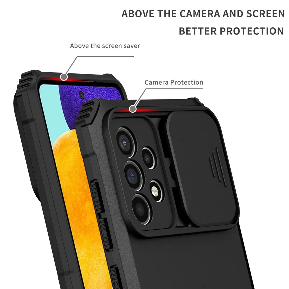 For Samsung Galaxy A52 4G / A52 5G / A52s 5G PC+TPU Kickstand Cover Slide Camera Lid Phone Case - Black - 5