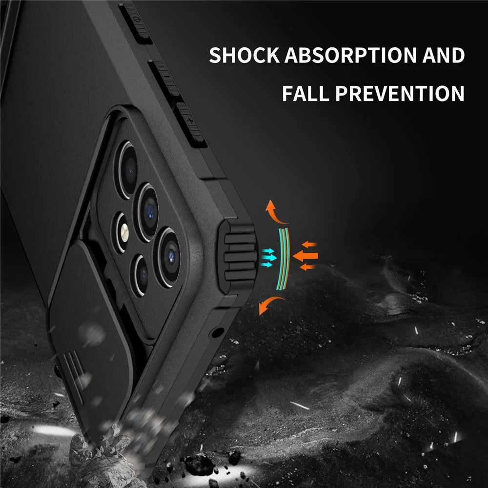 For Samsung Galaxy A52 4G / A52 5G / A52s 5G PC+TPU Kickstand Cover Slide Camera Lid Phone Case - Black - 6