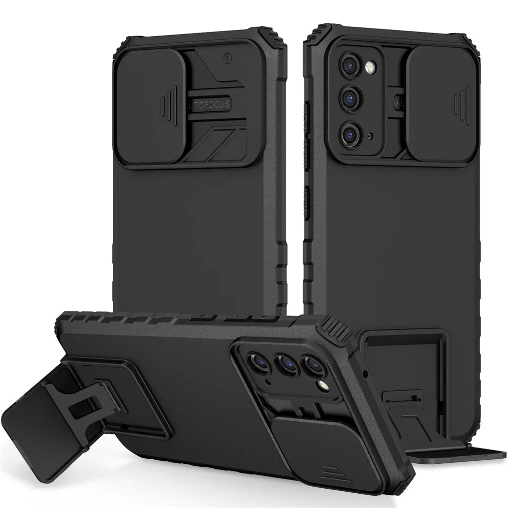 For Samsung Galaxy S20 FE 4G / FE 5G / Lite / FE 2022 Slide Camera Lid Back Cover Kickstand PC+TPU Phone Case - Black - 1