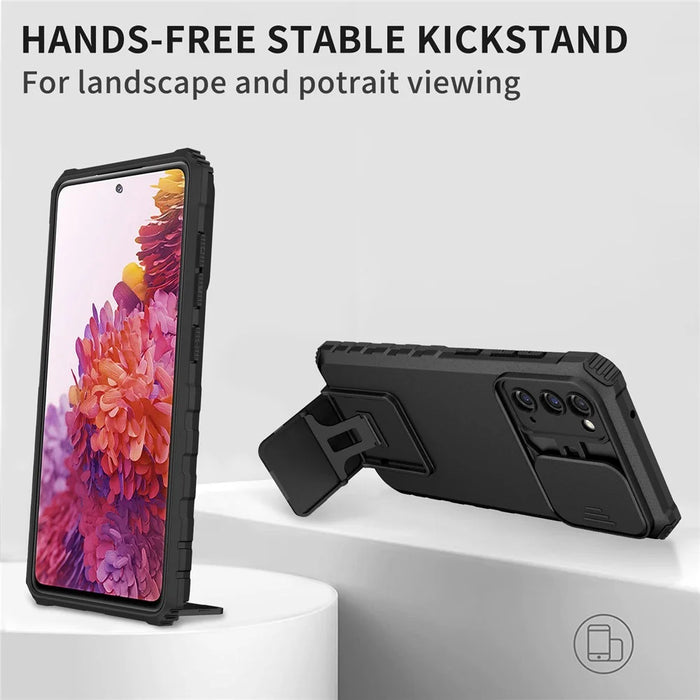 For Samsung Galaxy S20 FE 4G / FE 5G / Lite / FE 2022 Slide Camera Lid Back Cover Kickstand PC+TPU Phone Case - Black - 3