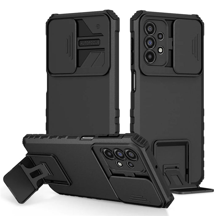 For Samsung Galaxy A23 4G / A23 5G (Global Version) Slide Camera Lid Phone Case PC+TPU Kickstand Cover - Black - 1