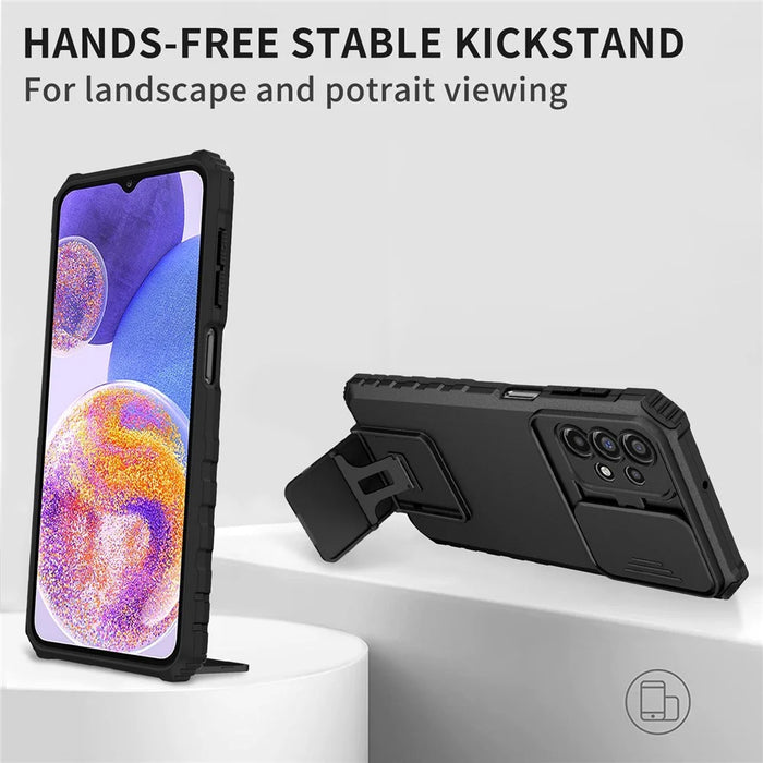 For Samsung Galaxy A23 4G / A23 5G (Global Version) Slide Camera Lid Phone Case PC+TPU Kickstand Cover - Black - 3