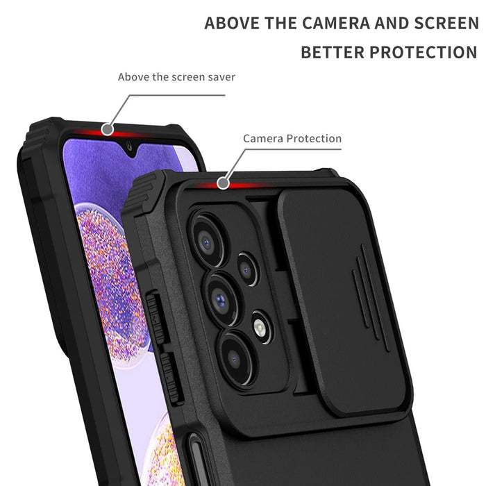 For Samsung Galaxy A23 4G / A23 5G (Global Version) Slide Camera Lid Phone Case PC+TPU Kickstand Cover - Black - 5