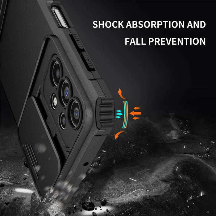 For Samsung Galaxy A23 4G / A23 5G (Global Version) Slide Camera Lid Phone Case PC+TPU Kickstand Cover - Black - 6