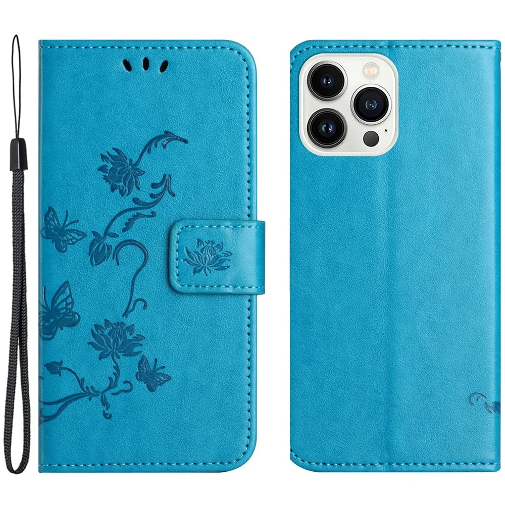 For iPhone 15 Pro Max Scratch Proof PU Leather Wallet Phone Case Butterfly Flower Imprinted Stand Cover - Blue - 1