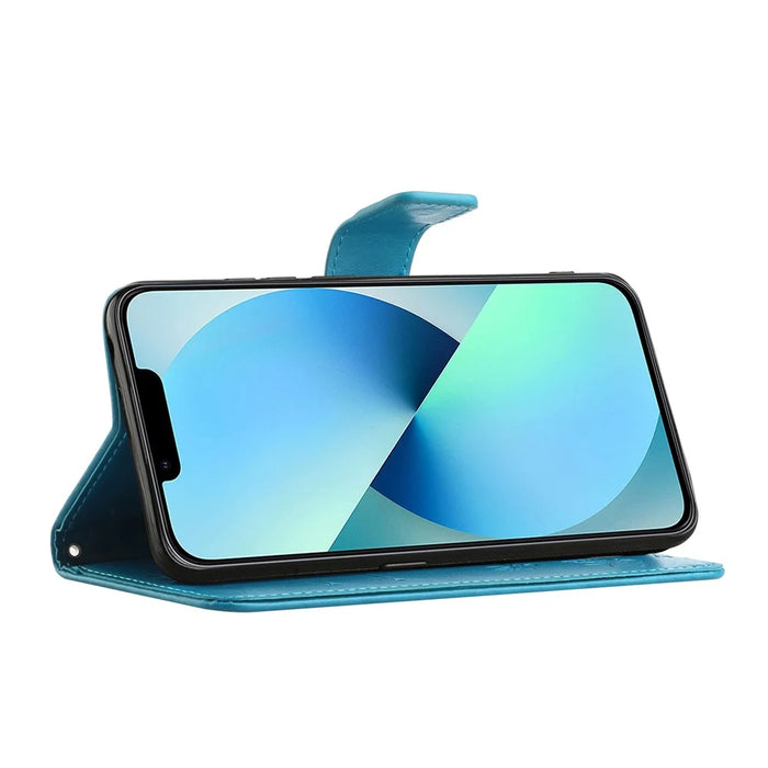 For iPhone 15 Pro Max Scratch Proof PU Leather Wallet Phone Case Butterfly Flower Imprinted Stand Cover - Blue - 2